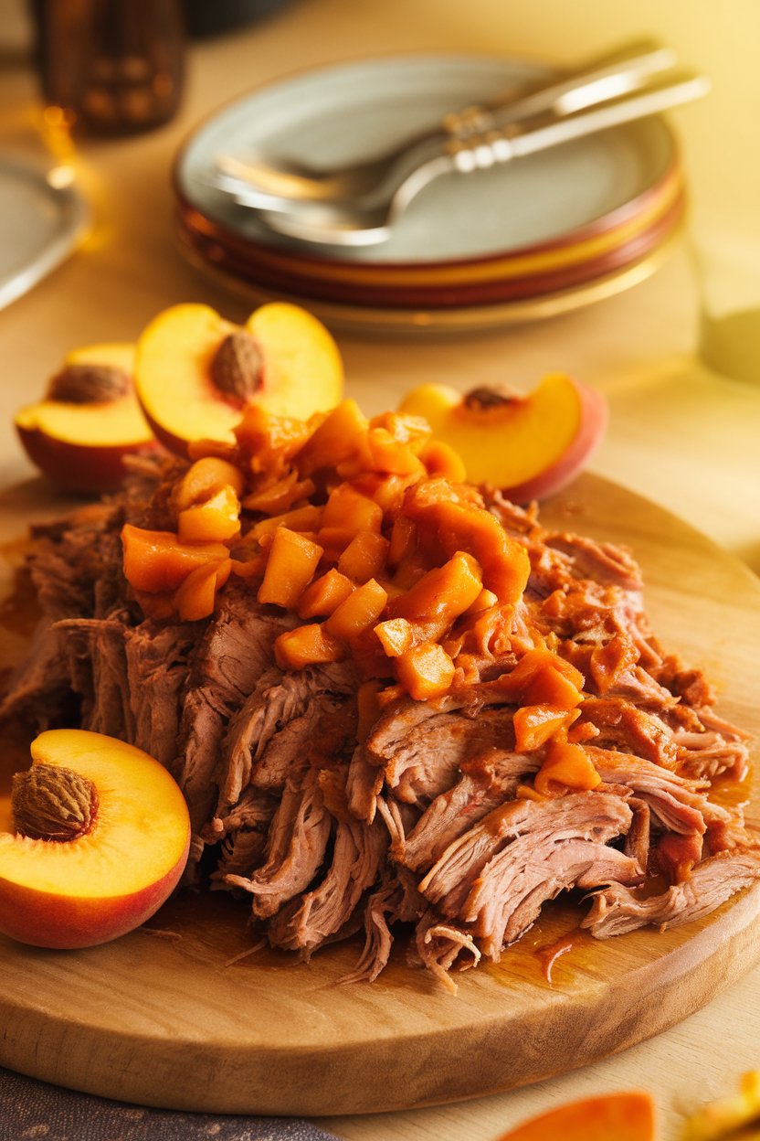 A warmly lit indoor platter of shredded pork glazed in peach-habanero sauce, sliced peaches used as garnish; photo only, no text or logos.