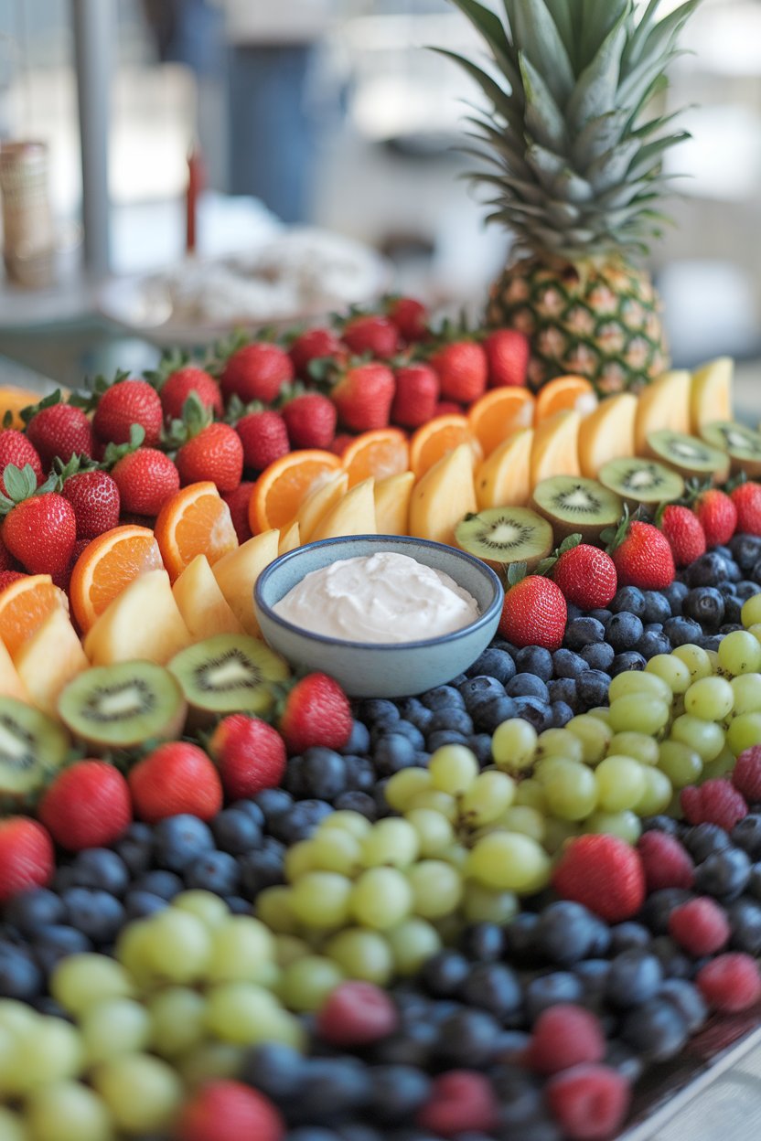 Indoor photo of neatly arranged rows of strawberries, oranges, pineapple, kiwi, blueberries, and grapes surrounding a small bowl of white dip, no text or logos