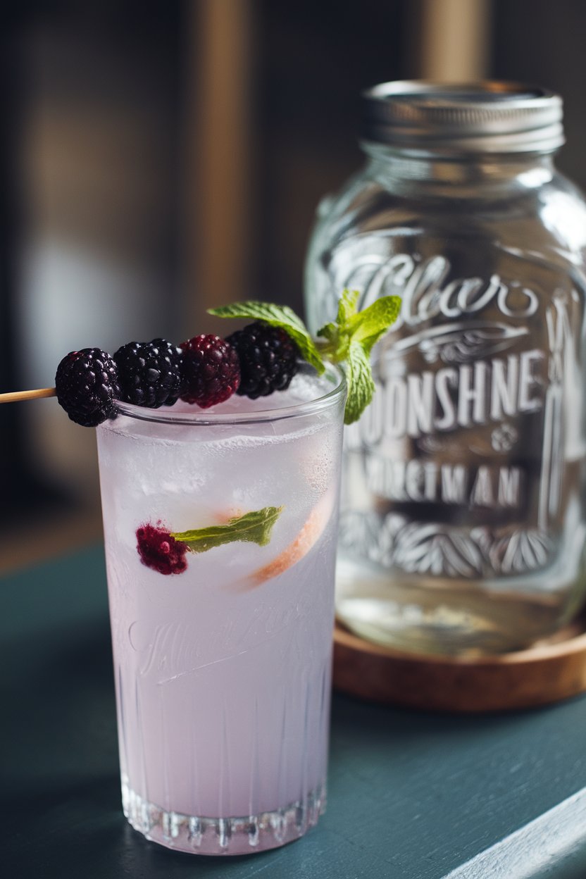 Photo of a tall glass indoors with pale purple lemonade, blackberry skewer and mint sprig, vintage jar of clear moonshine in background, no text or logos