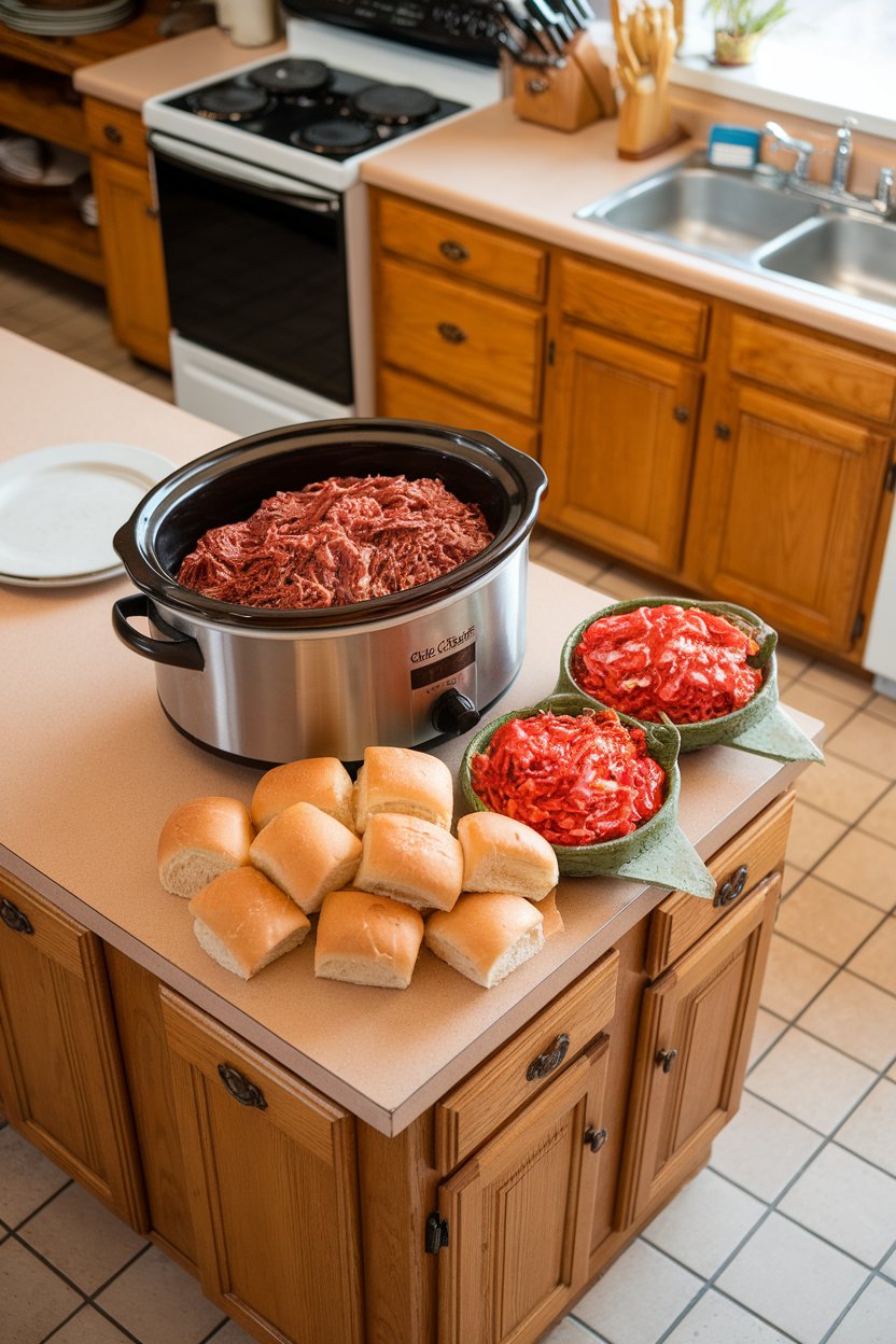 An indoor kitchen island with a slow cooker full of shredded Italian beef, rolls and giardiniera arranged beside it. No text or logos. Photo, not illustration.