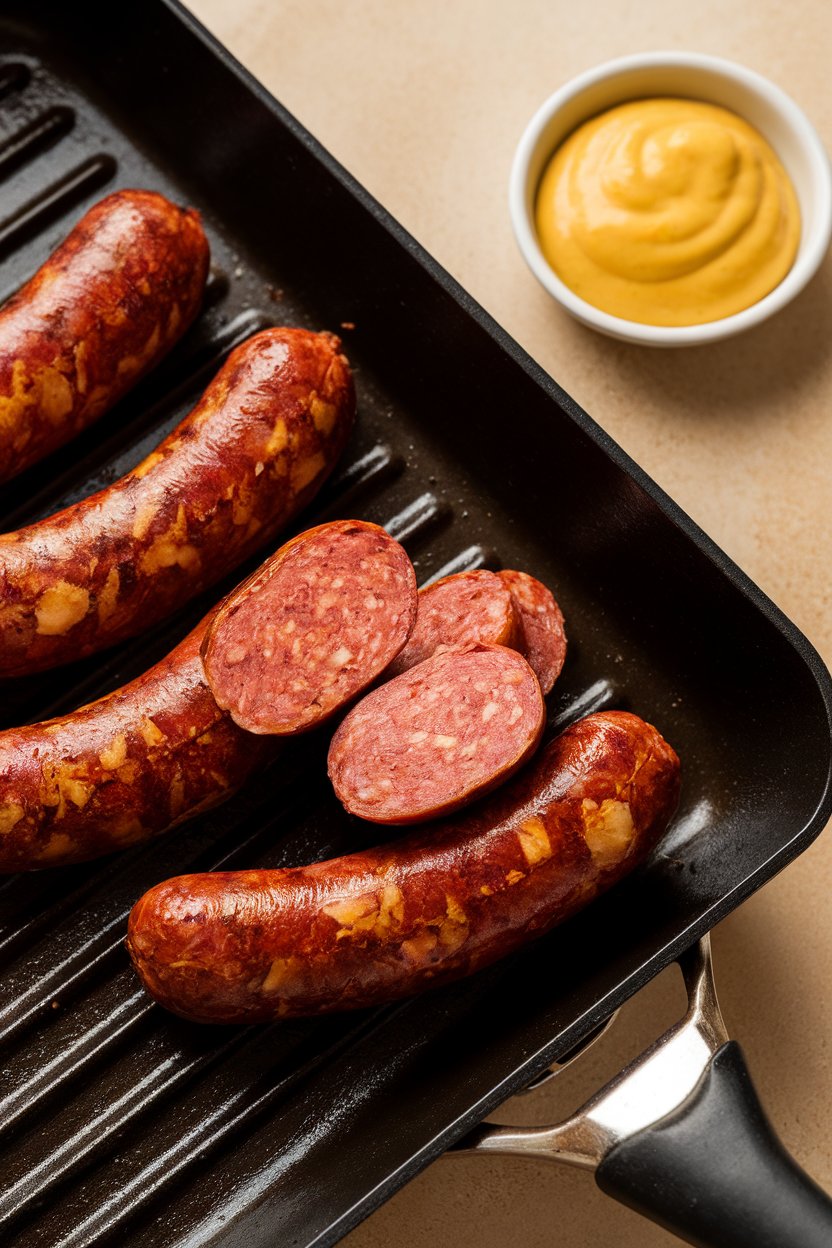 An indoor grill pan with seared alligator sausage links sliced to reveal the interior, served alongside mustard. No text or logos. Photo.