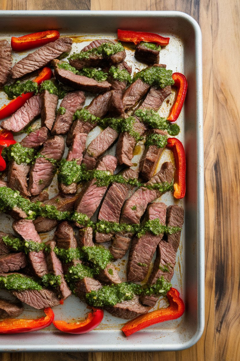 Indoor photo of roasted beef strips and red pepper slices drizzled with bright green chimichurri on a sheet pan. No text or logos.