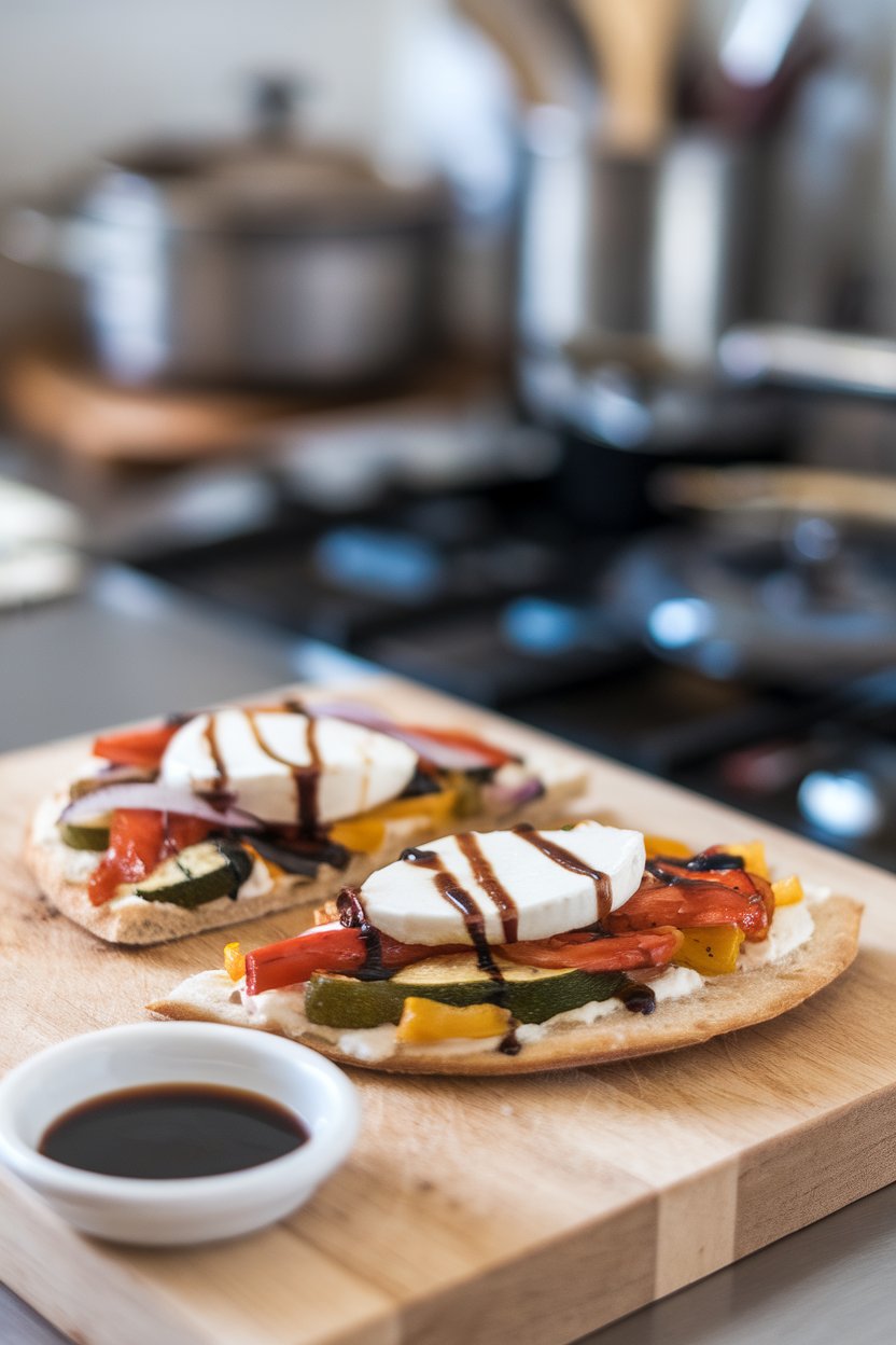 Indoor photo of sliced flatbread topped with roasted vegetables, mozzarella, and a drizzle of balsamic glaze on a cutting board. No text or logos.