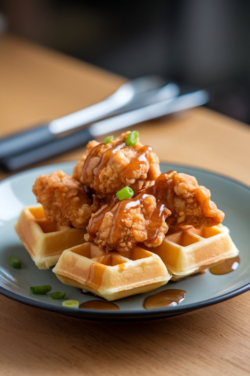 Indoor plate of bite-sized waffles topped with crispy fried chicken pieces and a drizzle of maple syrup. No logos or text.