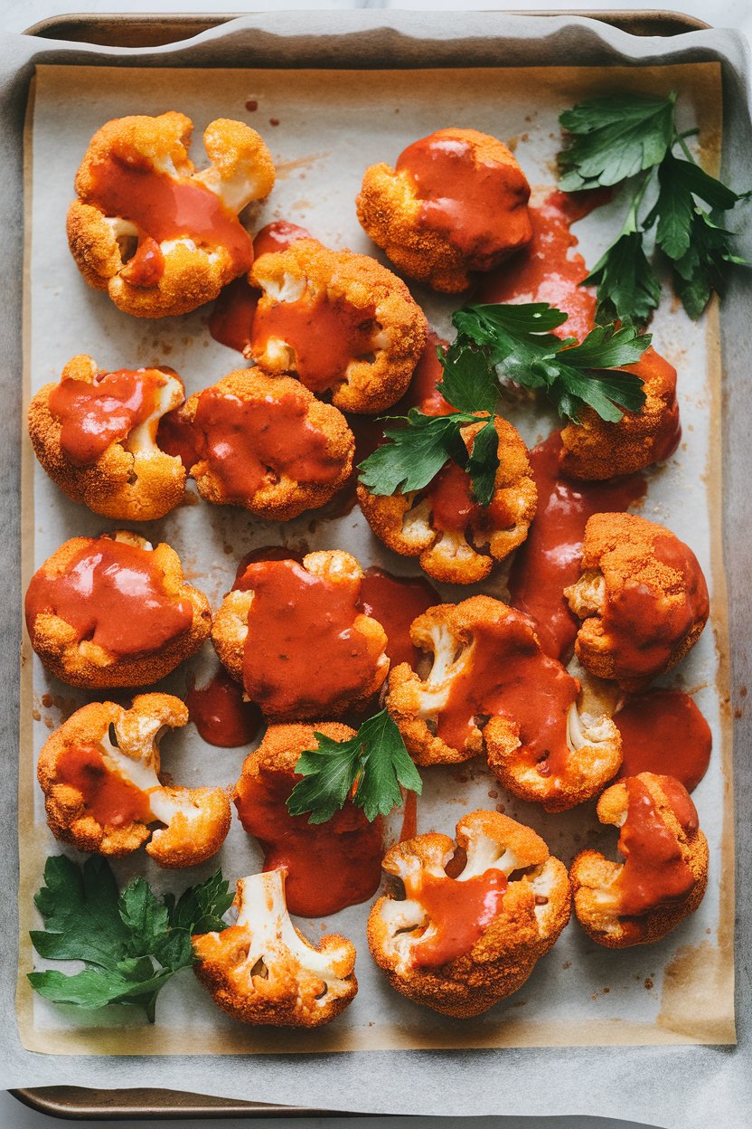 Indoor photo of breaded cauliflower florets coated in buffalo sauce on a parchment-lined tray, no text or logos.