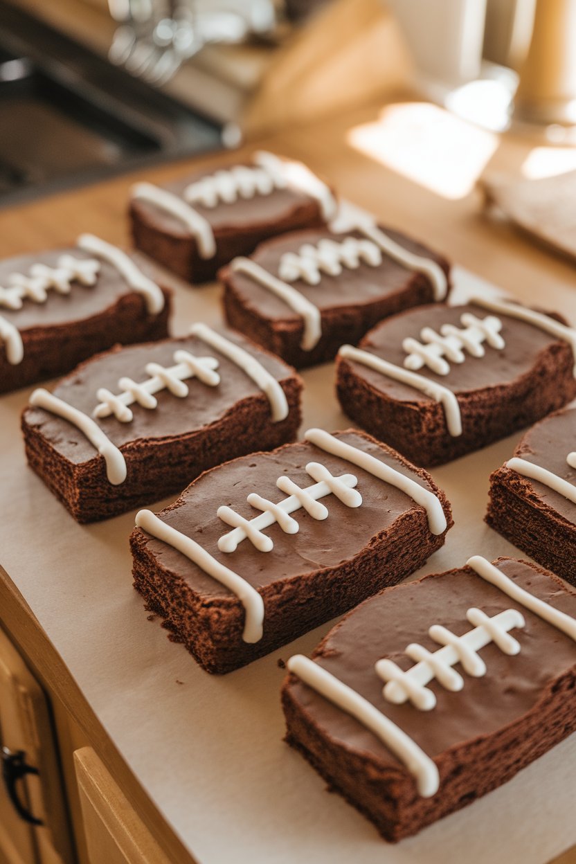 Photo of a warmly lit indoor kitchen counter featuring thick, fudgy brownies cut into football shapes and decorated with white icing laces. No text or logos anywhere in the scene; clear focus on the brownies, slight overhead angle; photograph, not illustration.