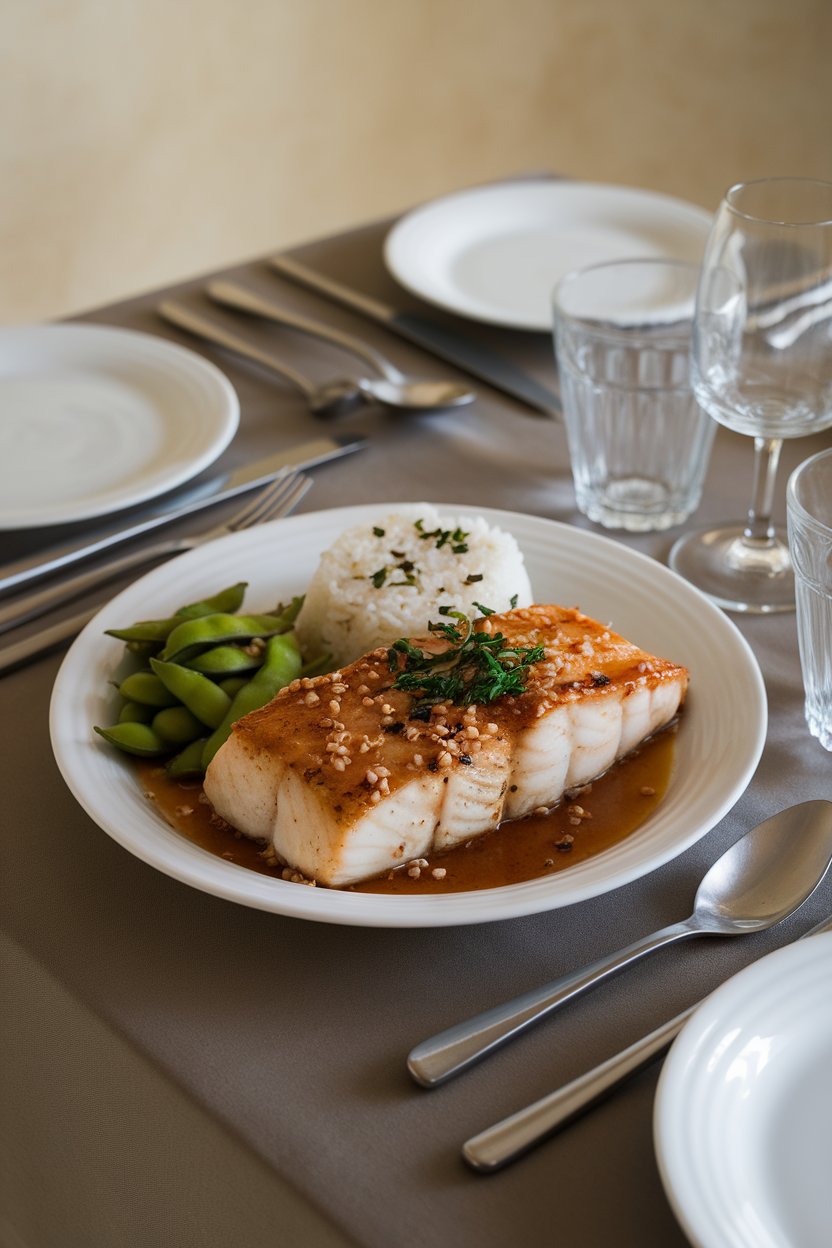 Indoor dinner table featuring a white plate with baked cod fillet glazed in miso, alongside steamed edamame and jasmine rice. No text or logos shown.