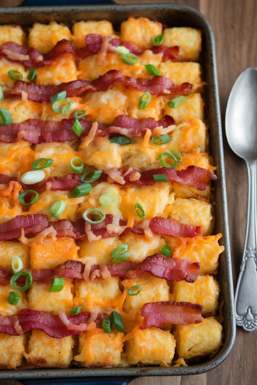 Indoor photo of a baking dish of cheesy tater tot casserole with bacon and green onions on top, spoon resting nearby; no text or logos