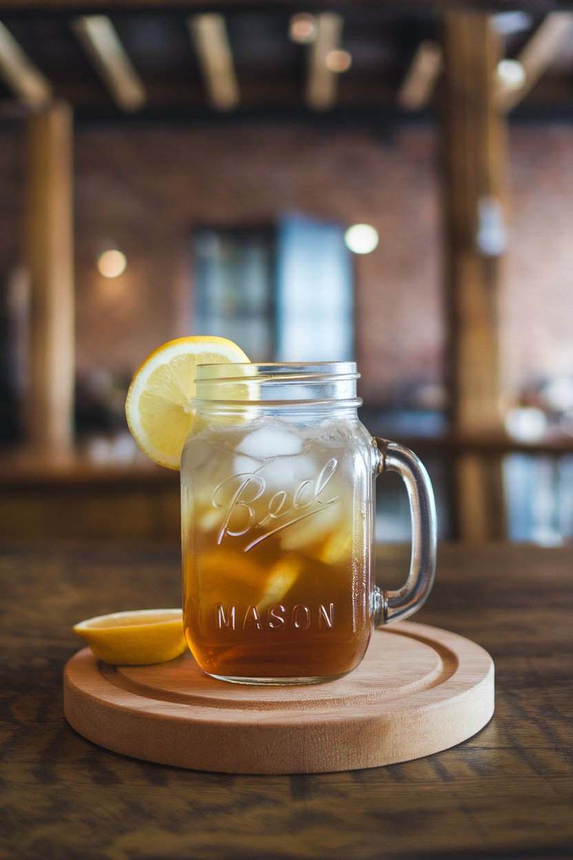 Indoor cafe setting with a mason jar half tea, half lemonade, visible ice, lemon wheel, no text or logos.