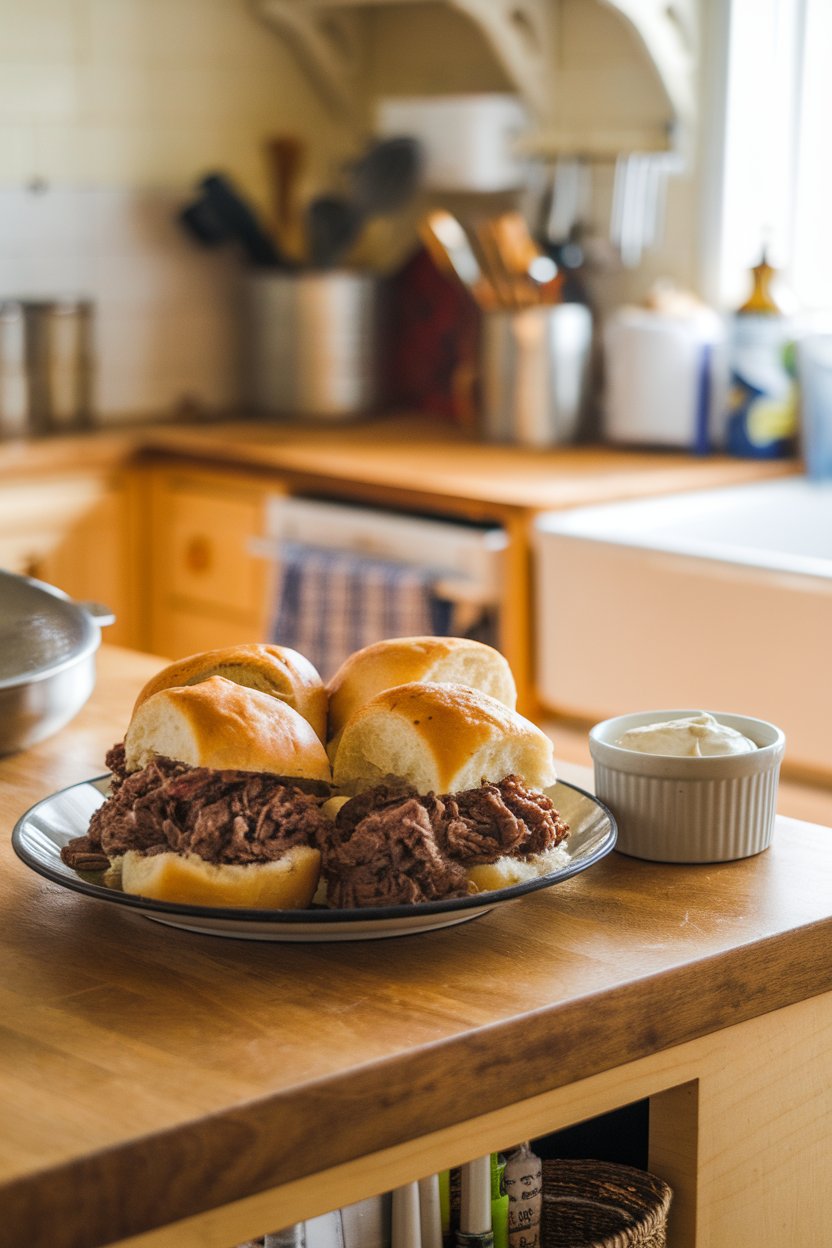 A warmly lit indoor kitchen island displaying mini brioche buns stuffed with slow-roasted beef debris and gravy, a ramekin of horseradish cream on the side. No logos present.