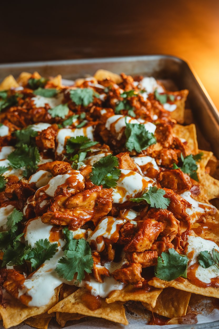 Sheet pan under warm light with nachos topped by honey-jalapeño chicken, mozzarella, and cilantro; no text or logos, photo not illustration.