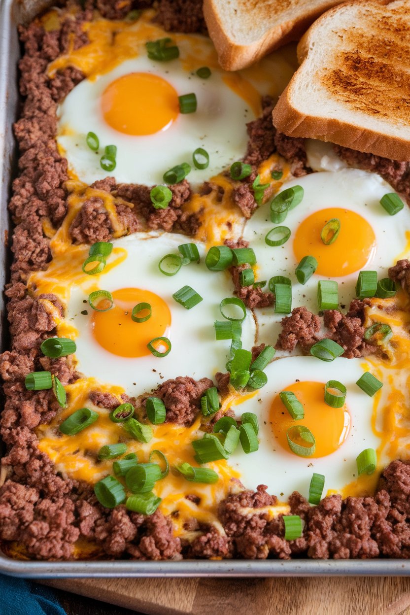 A sheet pan indoors showing baked eggs nestled in seasoned ground beef with melted cheddar, garnished with green onions. No text or logos.