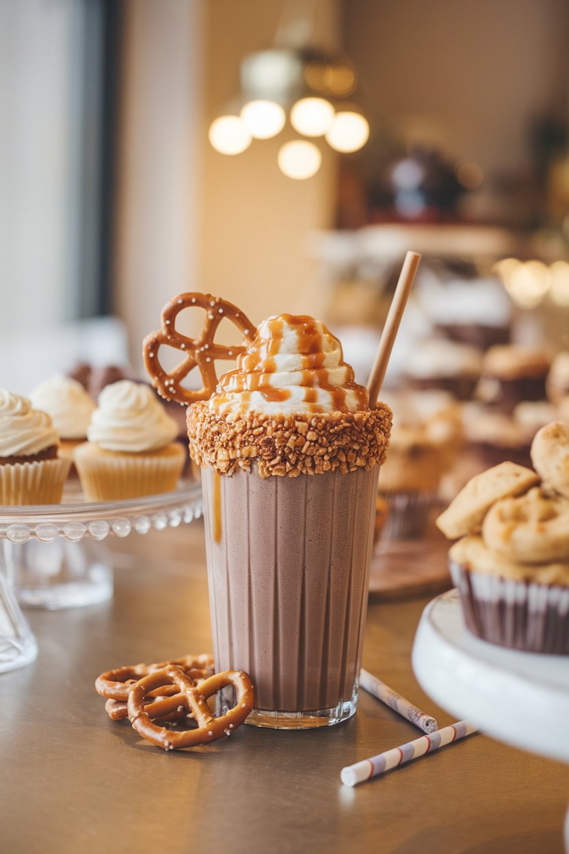 Indoor dessert bar scene showing a thick milkshake in a tall glass, caramel drizzle, crushed pretzel rim; photo, no logos.