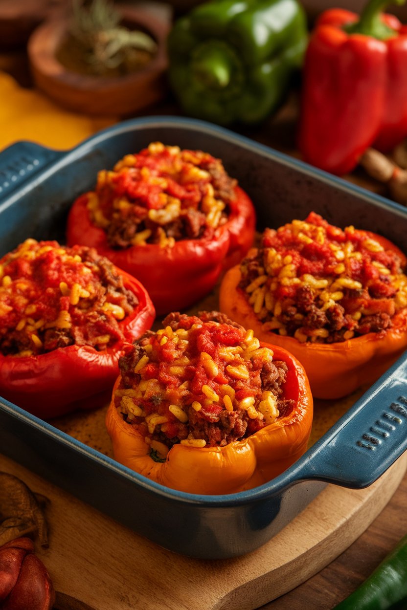 Indoor oven-top scene with cooked stuffed peppers filled with rice, beef, and tomato sauce. No text or logos.