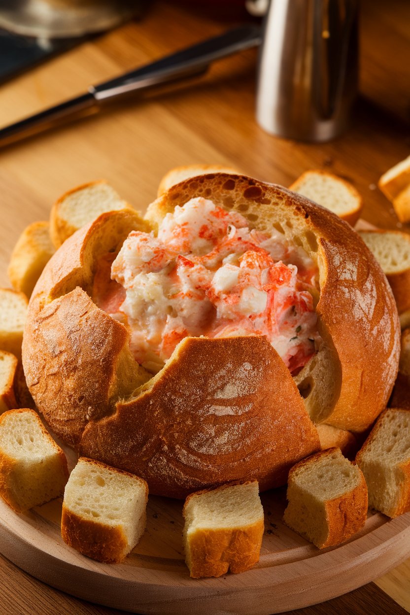 An indoor dining room with a hollowed-out round loaf filled with bubbling hot crab dip, surrounded by toasted bread cubes. No logos or text visible.