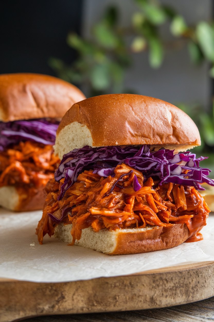 Indoor photo of barbecue jackfruit sliders on whole wheat buns with purple cabbage slaw. No text or logos.