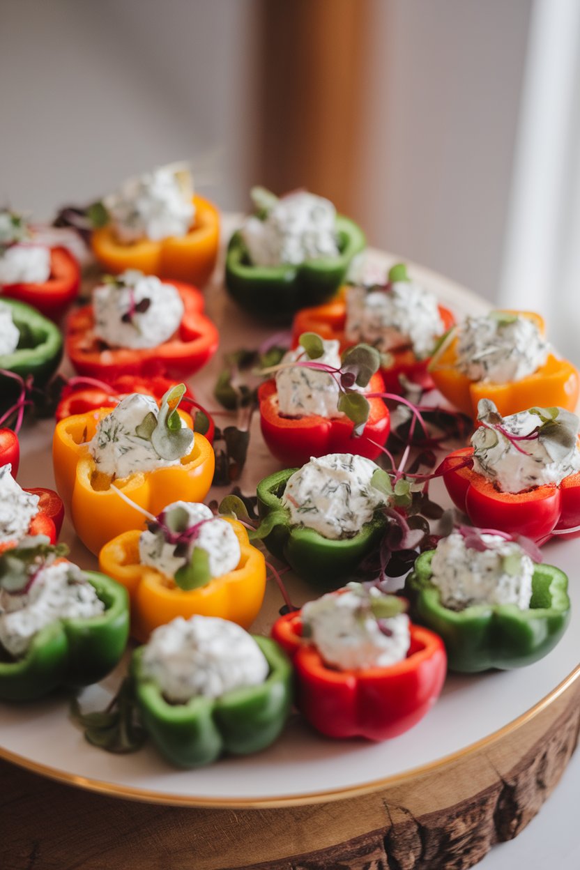 An indoor platter of colorful baby bell peppers halved and filled with herbed cream cheese, garnished with microgreens. No text or logos.
