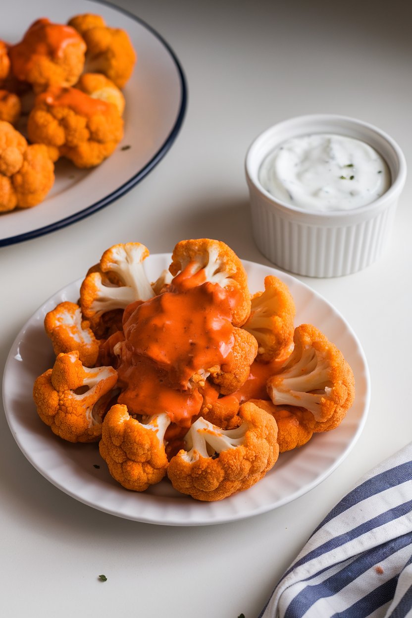Indoor photo of buffalo-sauced cauliflower florets on a white plate with a ramekin of yogurt ranch. No text or logos.