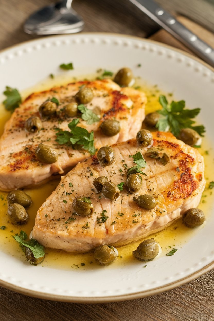 Indoor plate of chicken piccata cutlets in lemon-capers sauce with parsley garnish. Photo only.