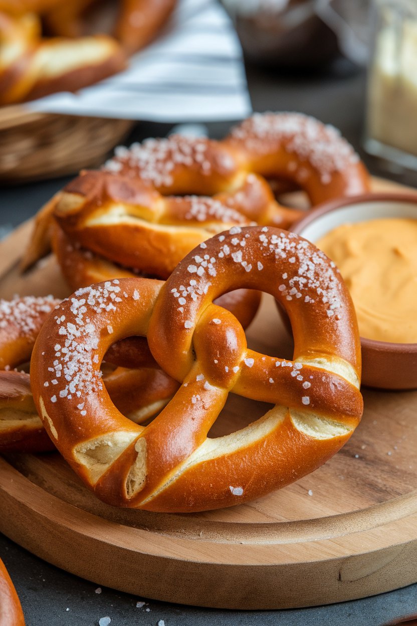 Indoor photo of golden soft pretzels sprinkled with coarse salt, a small bowl of warm cheddar cheese dip nearby; no text or logos.