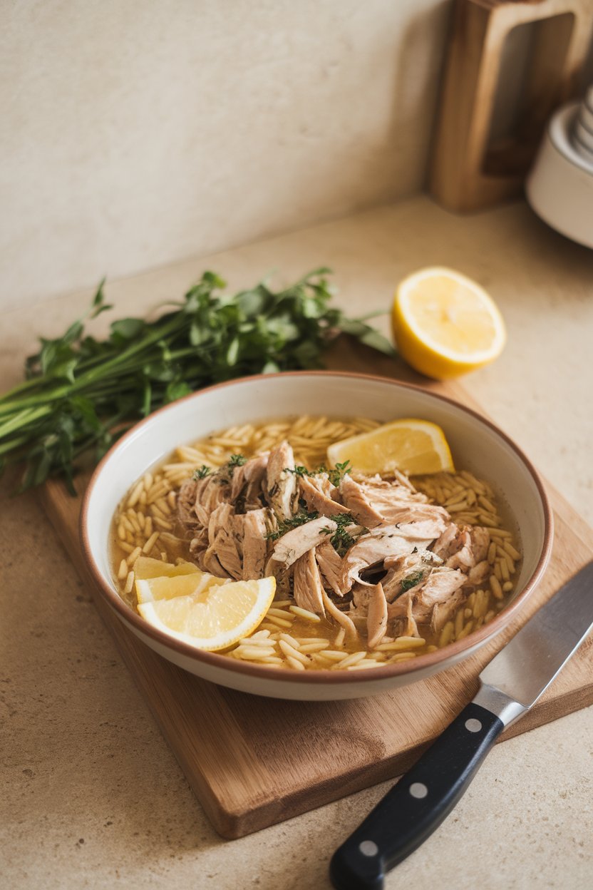 An indoor countertop scene showing a shallow bowl of shredded herbed chicken, tender orzo, and lemon wedges glistening in light broth. No text or logos visible in the photo.