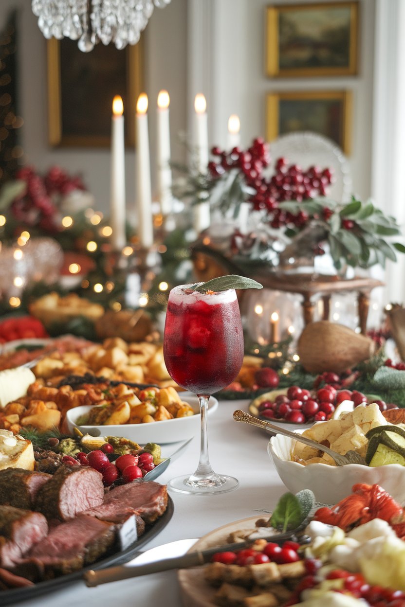 An indoor festive buffet table with a stemless wine glass of deep red cranberry sage cooler, sage leaf floating on surface. No visible text or logos. Photo.
