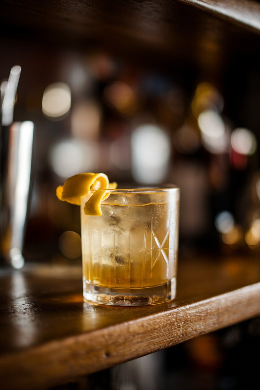A dim indoor bar shelf showing a short glass of golden Sazerac with lemon peel, subtle absinthe rinse film visible, no text or logos. Photo only.