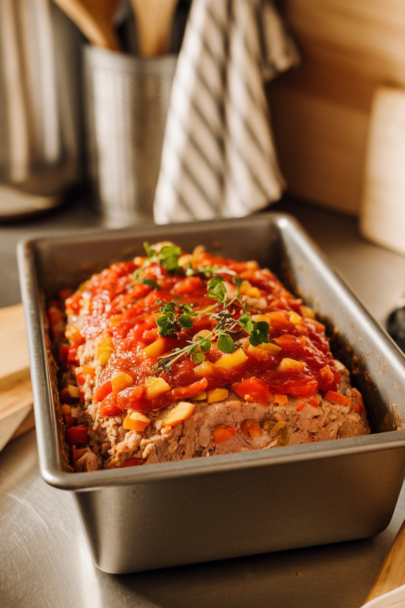 A loaf pan on an indoor counter with turkey meatloaf studded with diced vegetables, a tomato glaze lightly caramelized on top. No text or logos.