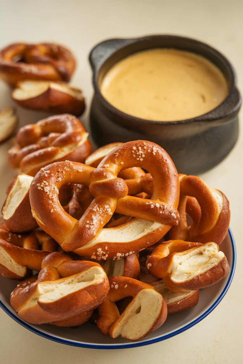 Indoor photo of soft pretzel nuggets piled in a bowl, a small crock of warm beer cheese beside them. No text or logos.