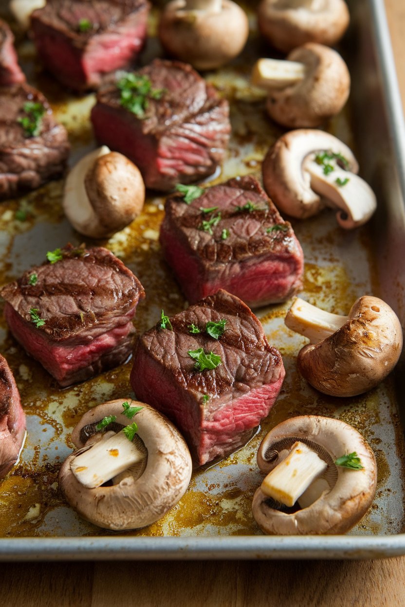 Indoor shot of seared steak cubes and cremini mushrooms on a sheet pan, both glistening with garlic butter and flecks of parsley. No text or logos.