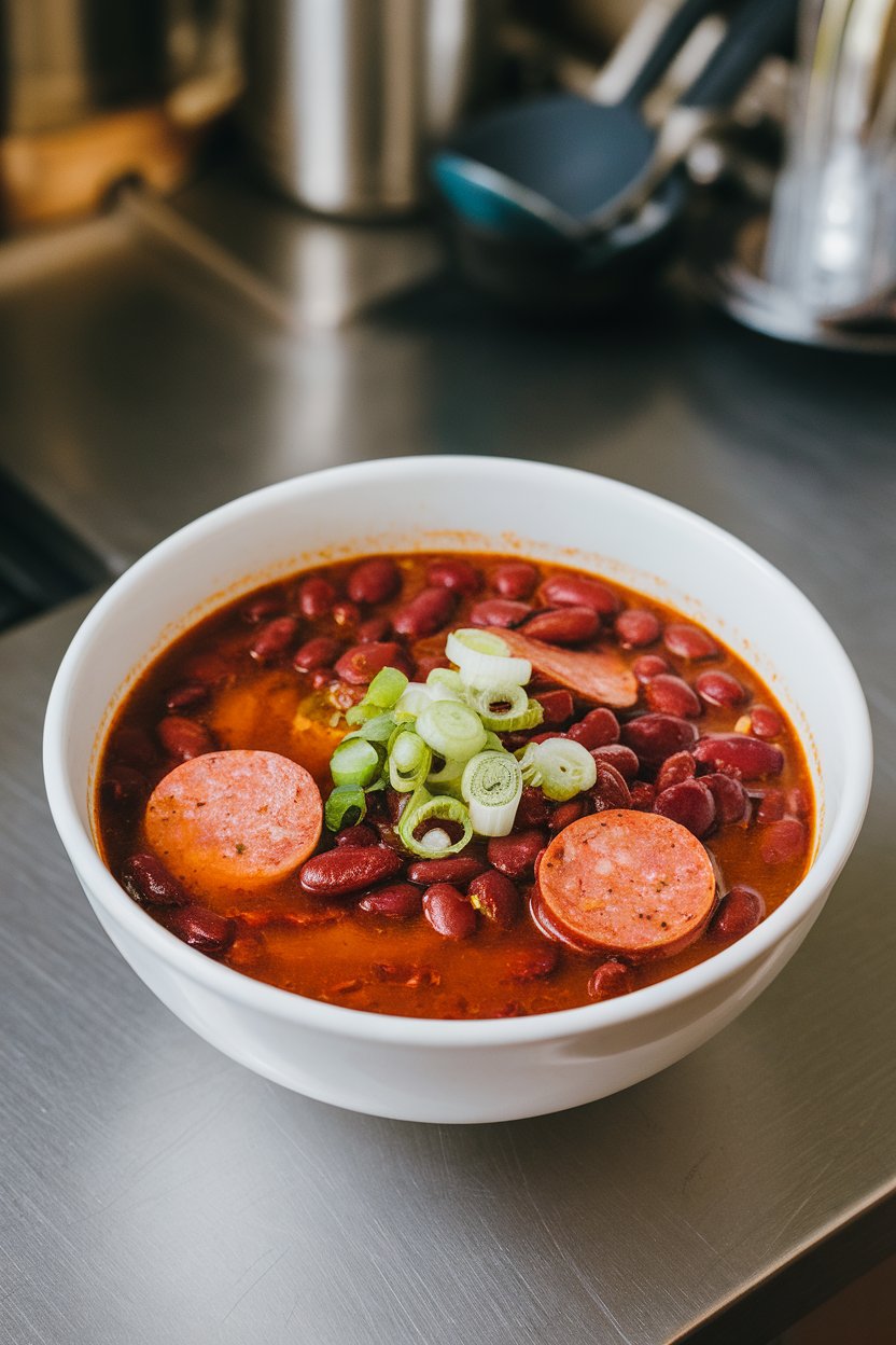 Indoor kitchen counter with a bowl of spicy red bean soup, smoked sausage rounds floating among red kidney beans, garnish of sliced scallions. No text or logos. Photo.