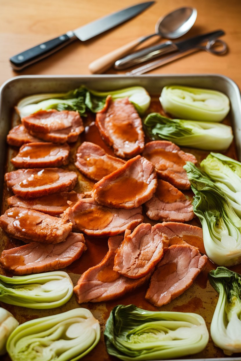 Indoor photo of thin pork slices and halved baby bok choy glazed with hoisin sauce on a sheet pan. No text or logos.