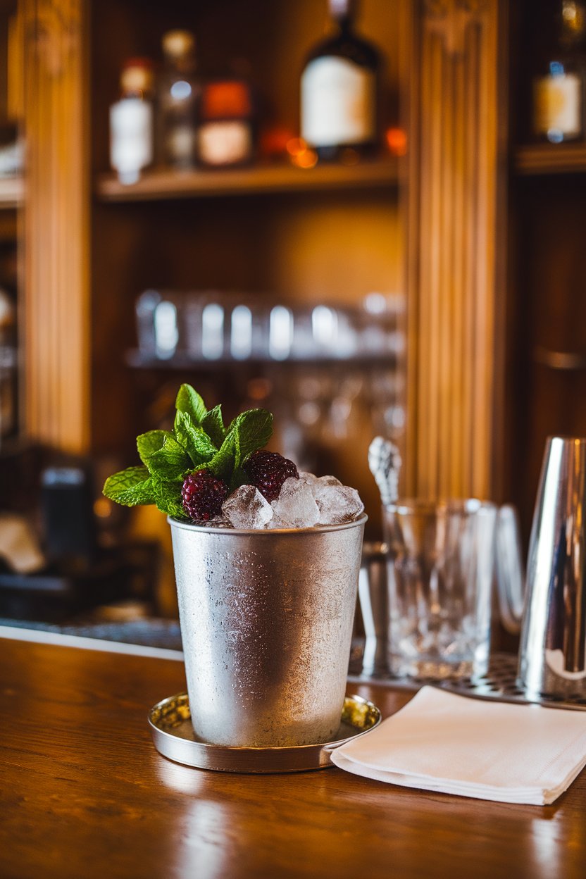 Indoor Southern bar with a silver julep cup packed with crushed ice, blackberries and mint bouquet on top. No text or logos.