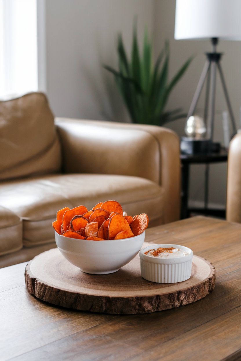 An indoor coffee table showing a bowl of baked sweet potato chips next to a ramekin of cinnamon-cayenne yogurt dip. No logos present.