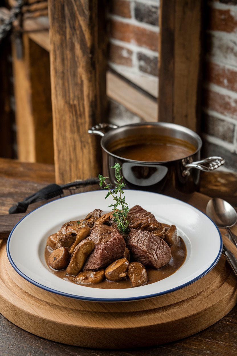 Indoor pub-style setting with beef and mushrooms in dark stout gravy, fresh thyme garnish. No logos, no text.