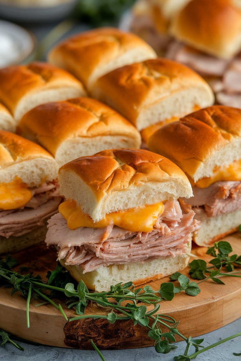 Indoor platter of Hawaiian roll sliders filled with smoked turkey and melted pepper jack, no text or logos