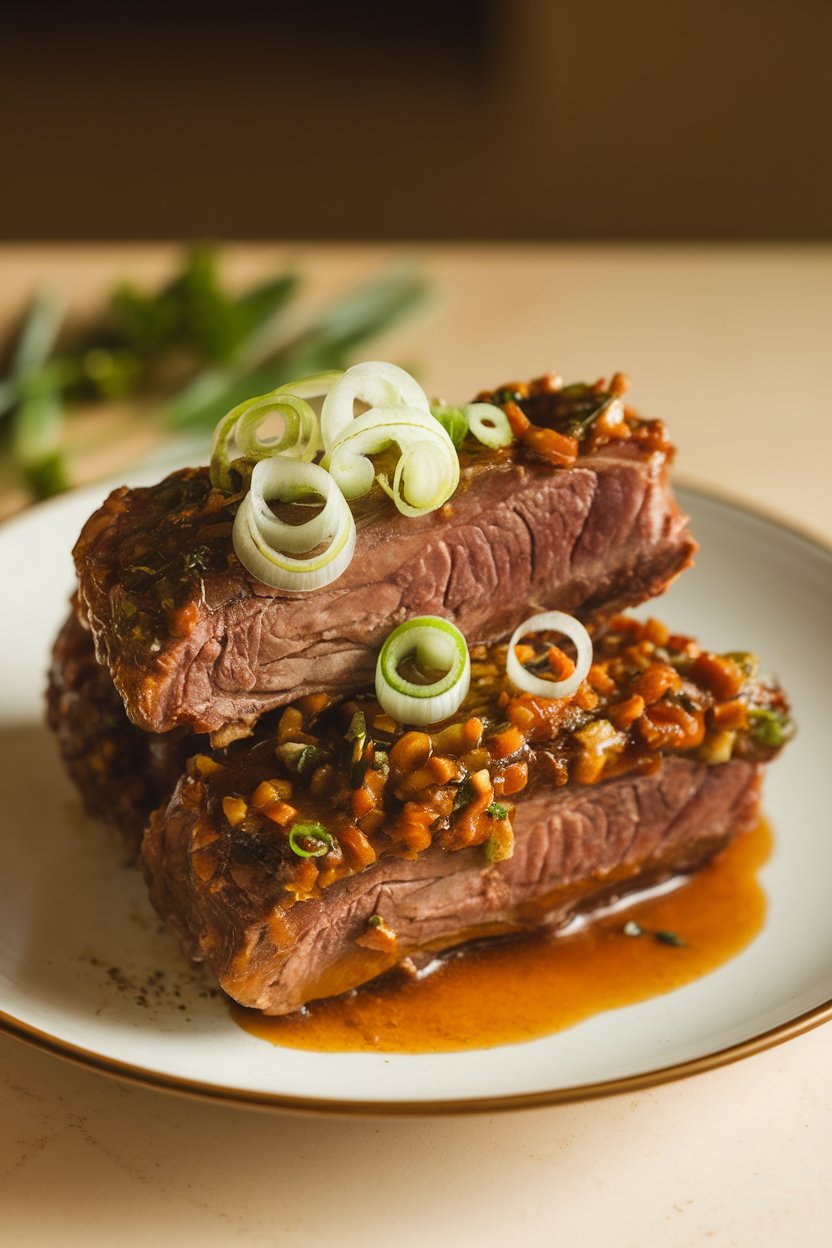 Indoor photo of short ribs coated in light soy-ginger sauce, scallion curls on top; no text or logos