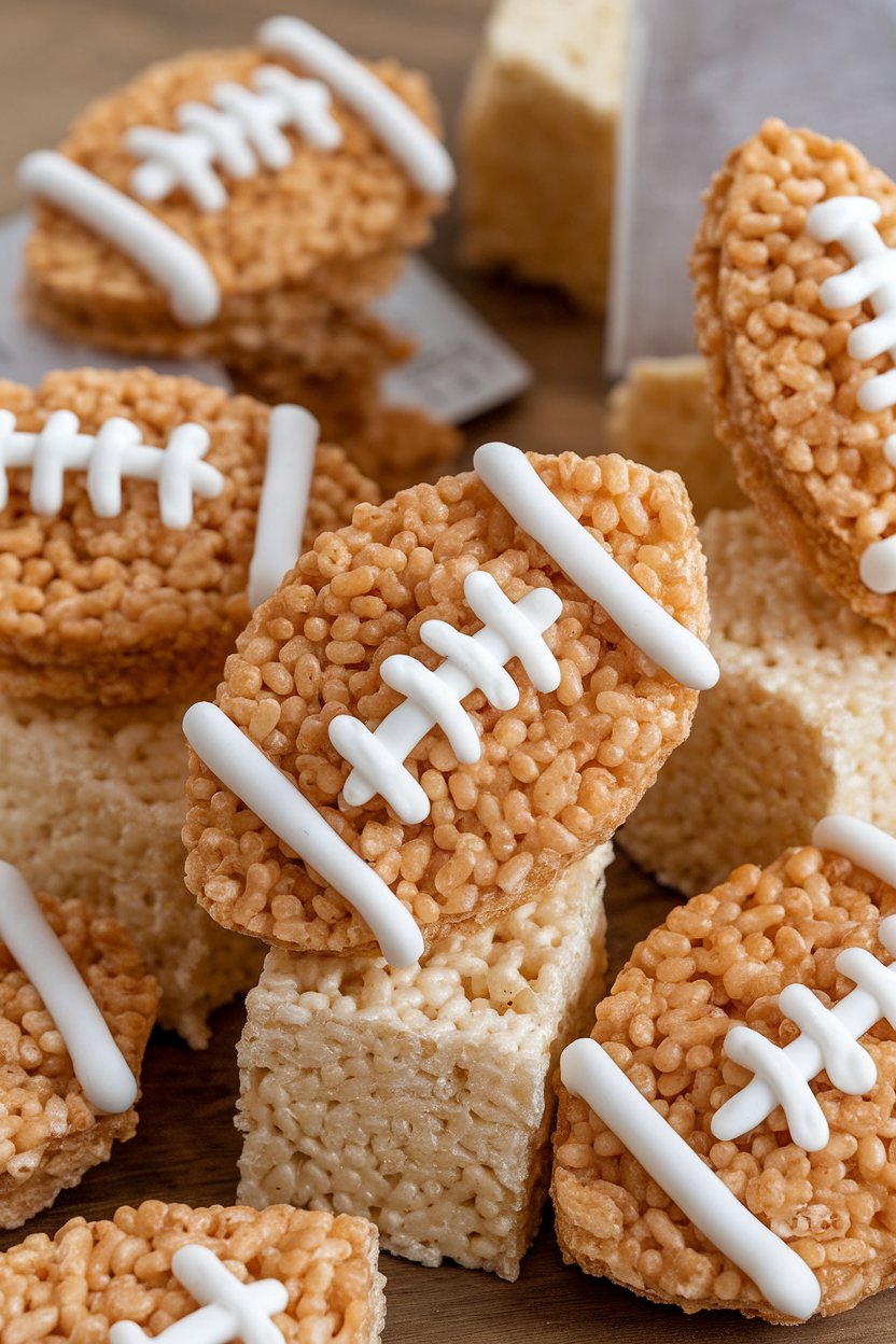 Indoor photo of rice krispie treats molded into football shapes and decorated with white icing laces, no text or logos.