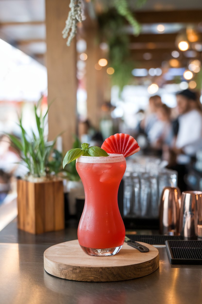 Photo of a tall curvy glass indoors filled with bright red cocktail, basil sprig and strawberry fan garnish, lively bar setting, no text or logos