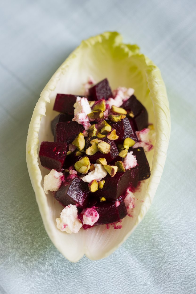 Indoor photo of pale green endive leaves filled with diced roasted beets and crumbled goat cheese, garnished with chopped pistachios. No text or logos.