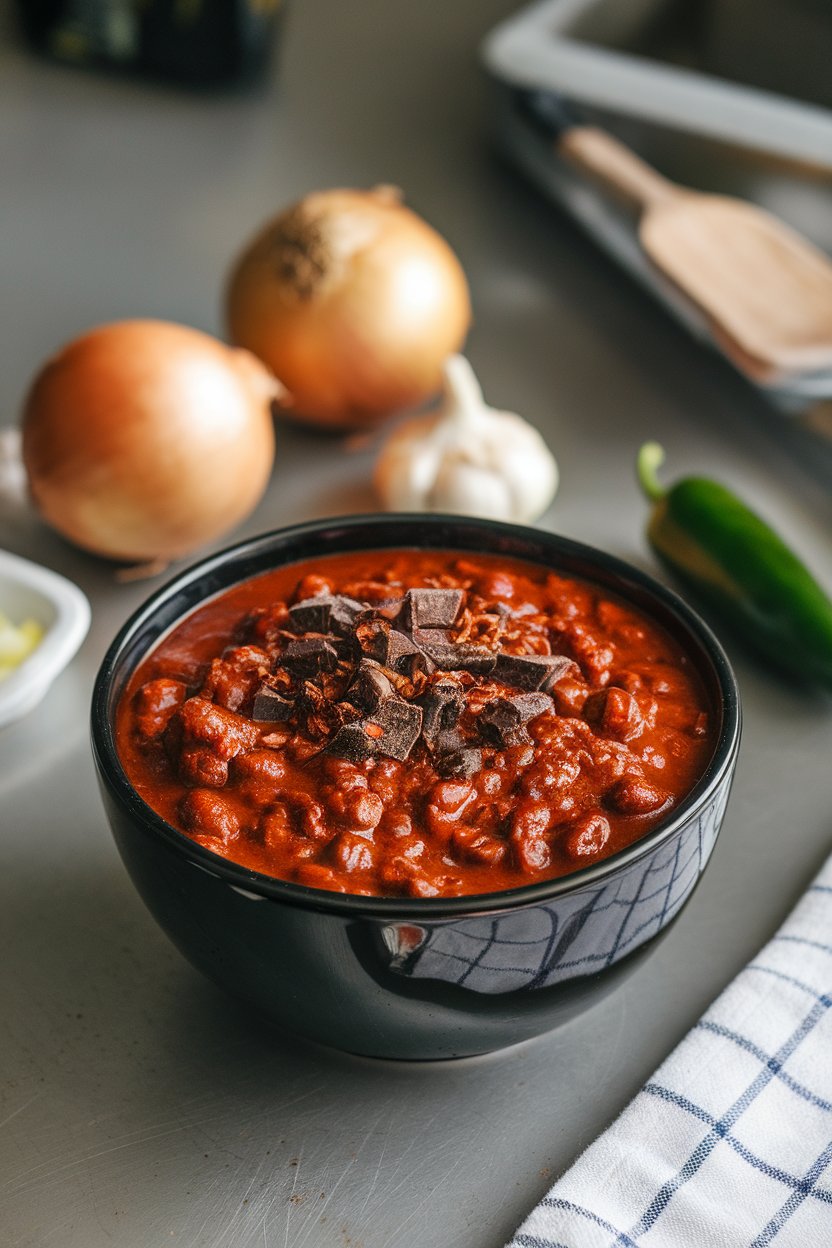 An indoor countertop displaying a dark, glossy bowl of beef chili topped with shaved dark chocolate and a few chili flakes. No text or logos.
