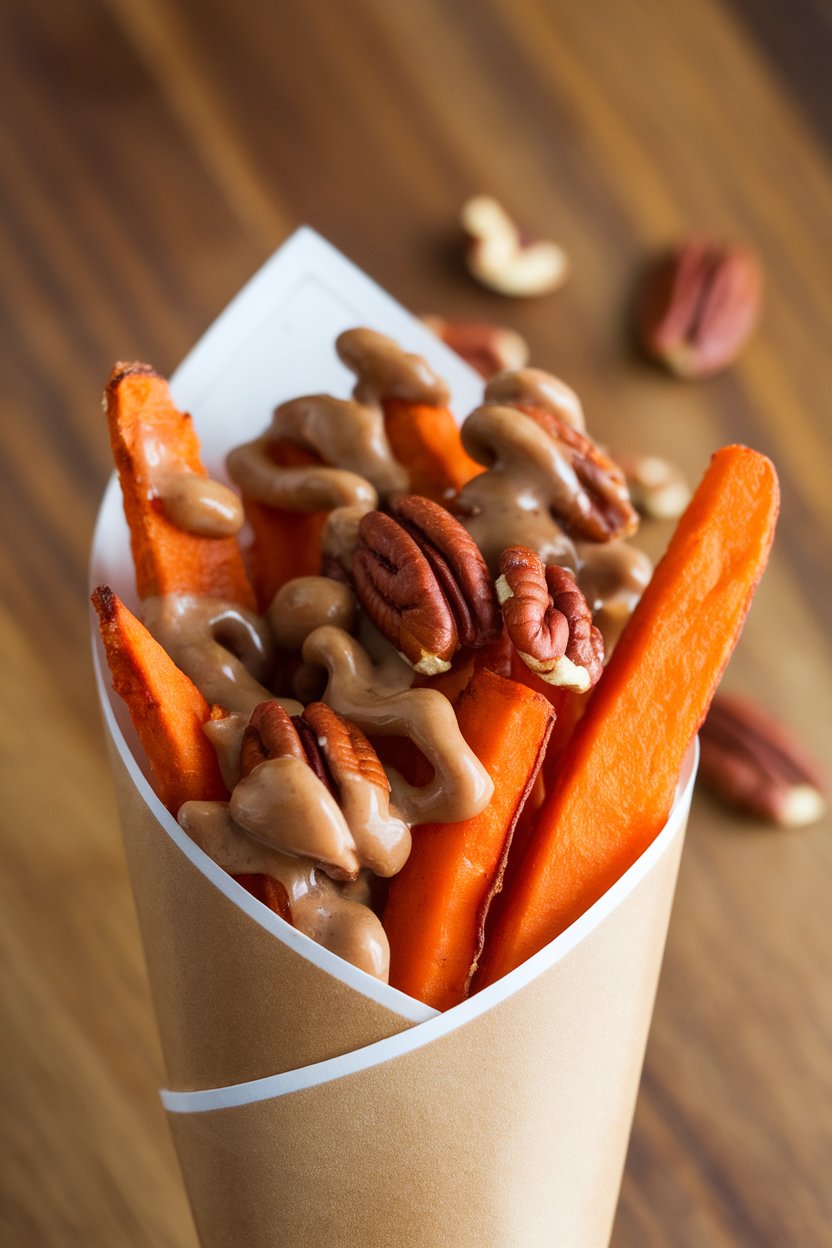 Indoor photo of a parchment cone filled with roasted sweet potato fries drizzled with pecan praline sauce; no text or logos