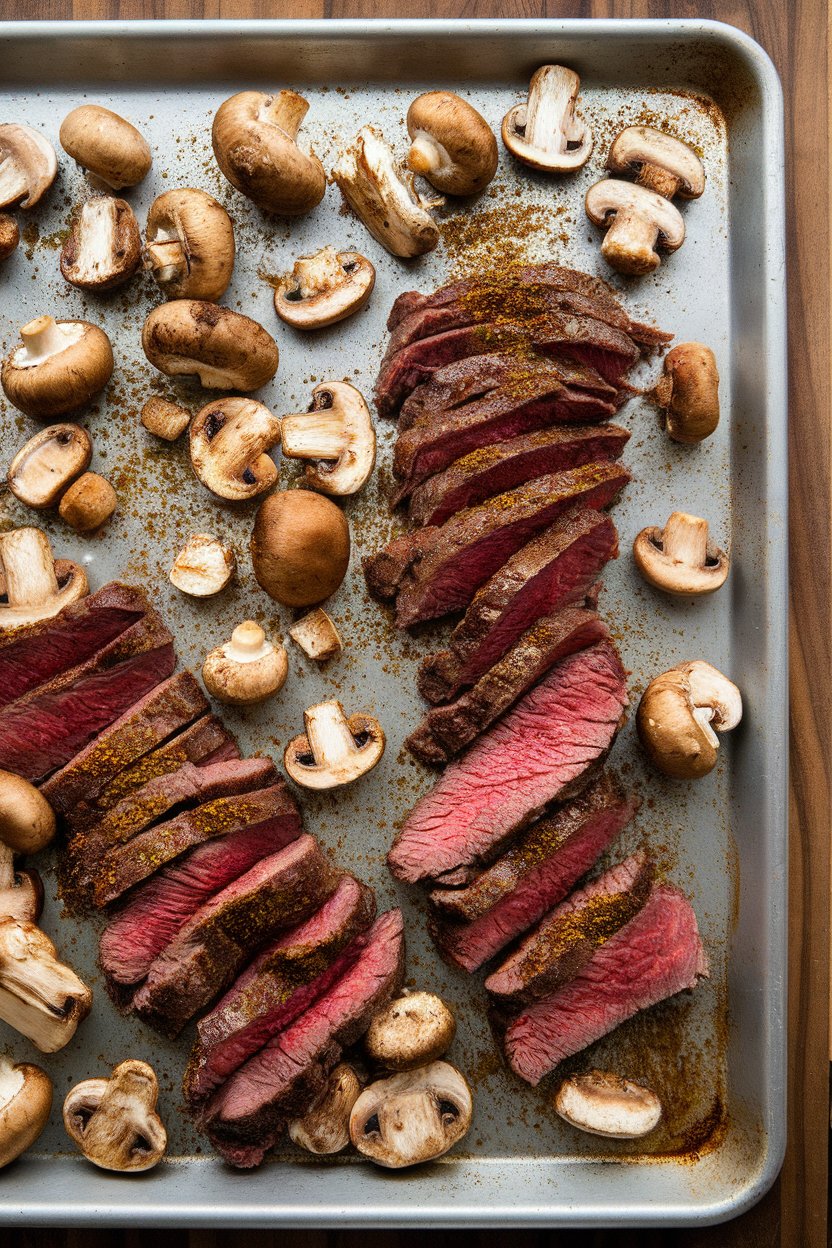 Indoor photo of sliced skirt steak and cremini mushrooms roasted on a sheet pan, both dusted with chipotle powder. No text or logos.