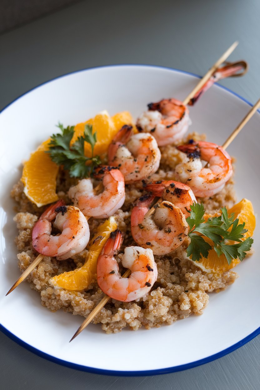 Indoor dinner plate displaying skewered grilled shrimp over orange zest-infused quinoa, garnished with parsley. No logos or text visible.