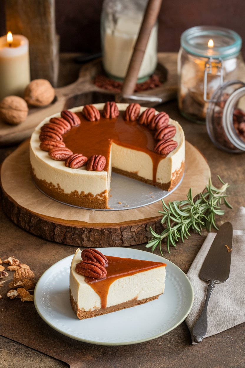 Indoor photo of a whole cheesecake draped in pecan praline sauce, a single slice plated in front. No text or logos.