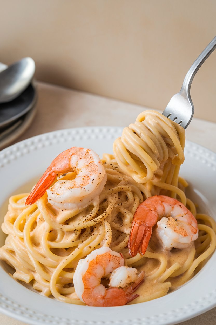 Indoor photo of spaghetti coated in cheese and pepper, crowned with a few sautéed shrimp, fork twirled into pasta, no text or logos