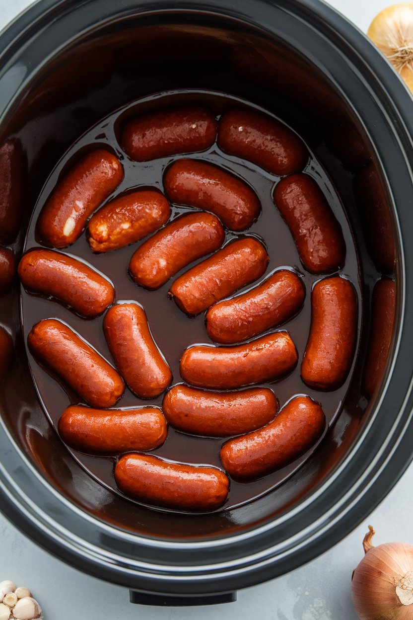 An indoor slow cooker insert filled with cocktail sausages swimming in barbecue sauce, no visible text or logos.
