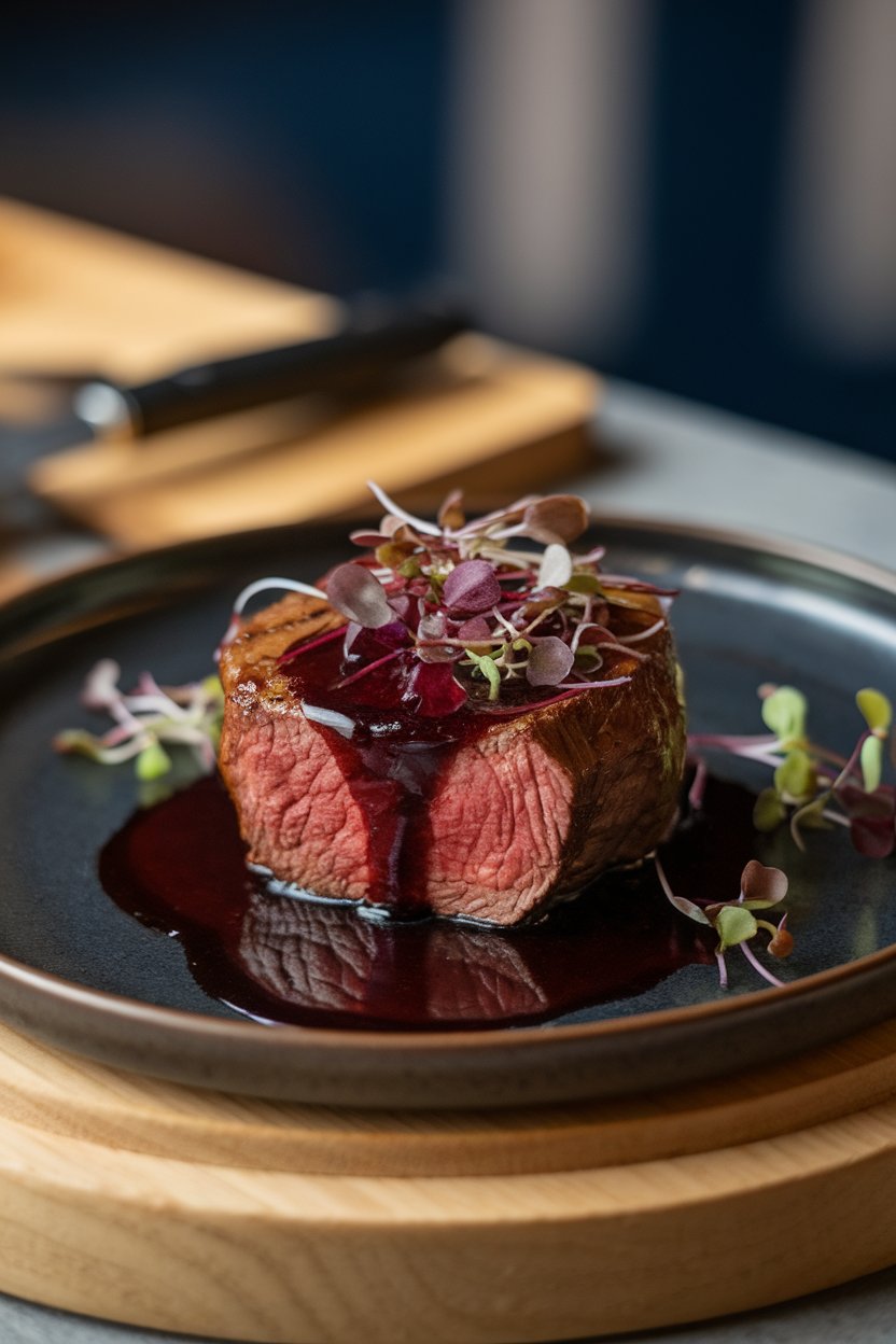 Indoor photo of medium-rare filet mignon medallion topped with glossy red wine reduction, served on a dark plate with microgreens, no text or logos