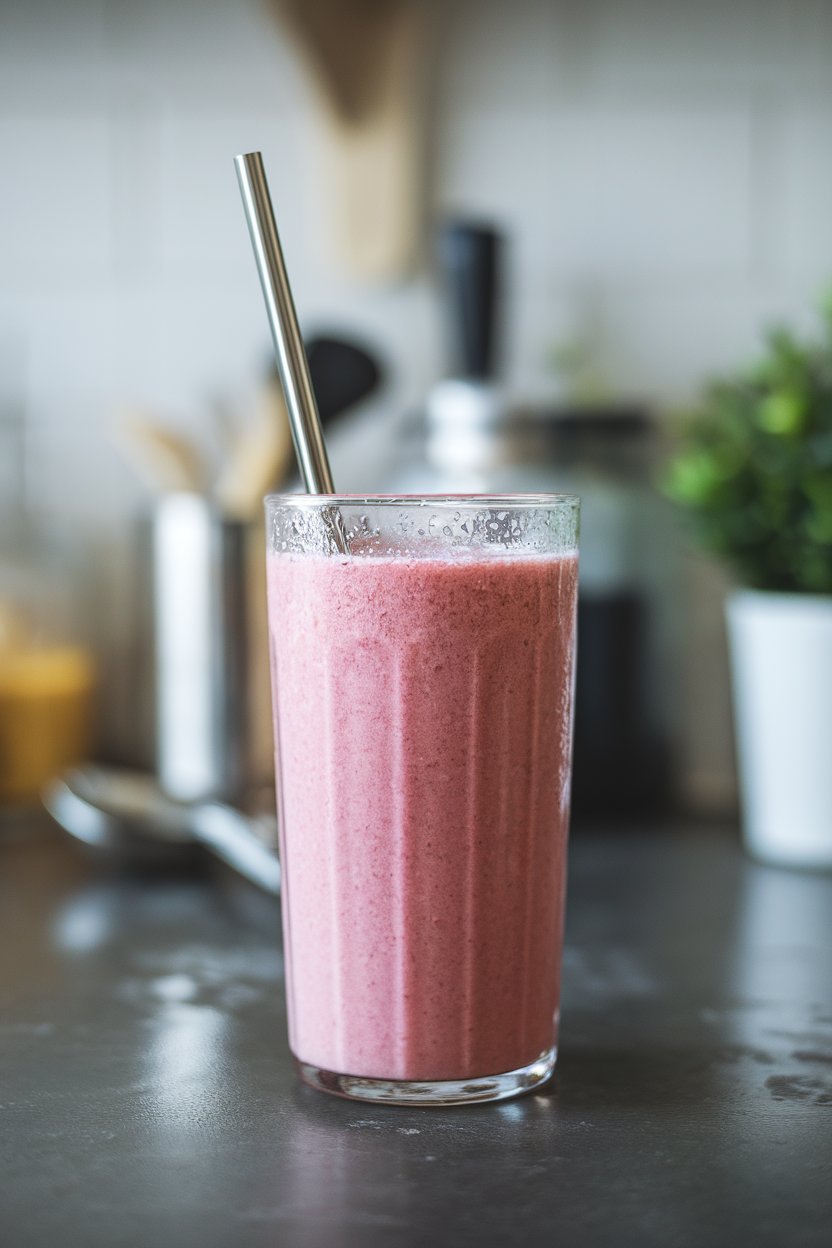 An indoor countertop with a tall glass of pink smoothie, condensation on the outside, and a stainless straw. No text or logos visible. Photo, not illustration.