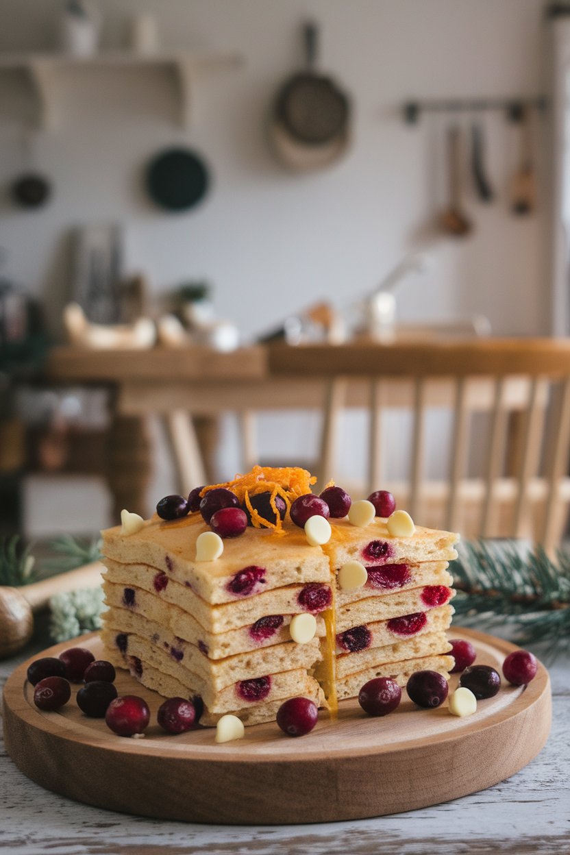 Pancake square with cranberries and white chocolate chips, orange zest sprinkled, indoor holiday kitchen, no text or logos.